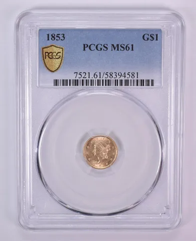 1853 $1 Liberty Head Gold Dollar MS61 PCGS Blue Label