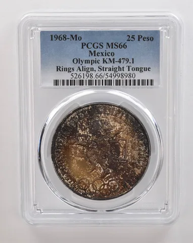1968 Mo Mexico 25 Pesos Silver Olympic Rings Align MS66 PCGS Nice Tone *4339