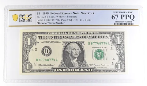 1999 $1 New York FRN Fr#1924-B Repeater Serial Superb Gem Unc 67 PPQ PCGS *6118