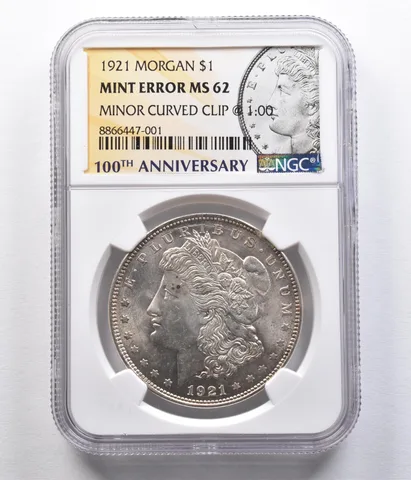 1921 Morgan Silver Dollar Mint Error Curved Clip @ 1:00 MS62 NGC *2494