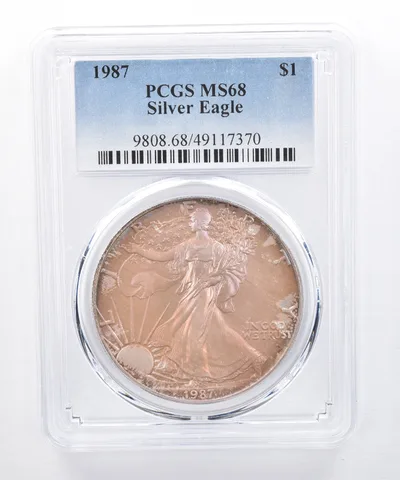 1987 American Silver Eagle MS68 PCGS Purple/Orange Tone *8426