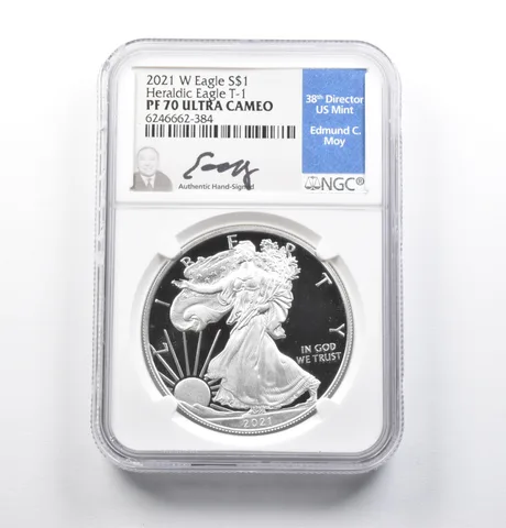 PF70 UCAM 2021-W American Silver Eagle Heraldic Eagle T-1 Signed Moy NGC *4737