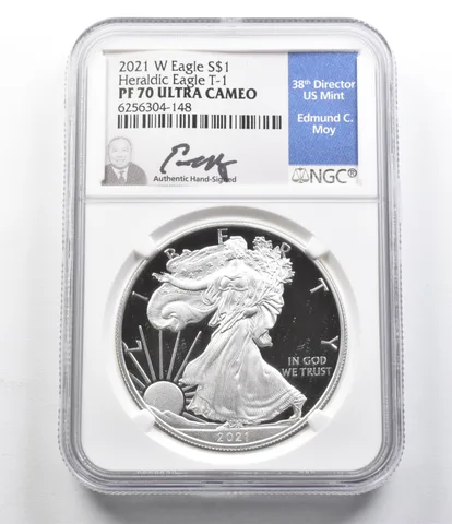 PF70 UCam 2021-W American Silver Eagle Heraldic Eagle T-1 Moy Signed NGC a5850