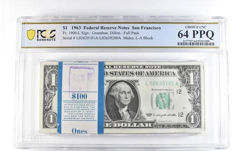 Lot (100) 1963 $1 San Francisco CA FRN Fr#1900-L Full Pack Unc 64 PPQ PCGS *1695