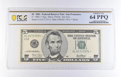 2001 $5 San Francisco CA FRN Star Note Fr#1988-L* Choice Unc 64 PPQ PCGS *8310