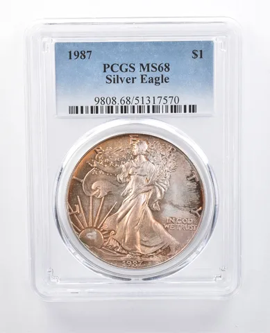 1987 American Silver Eagle MS68 PCGS Yellow Tone *8155