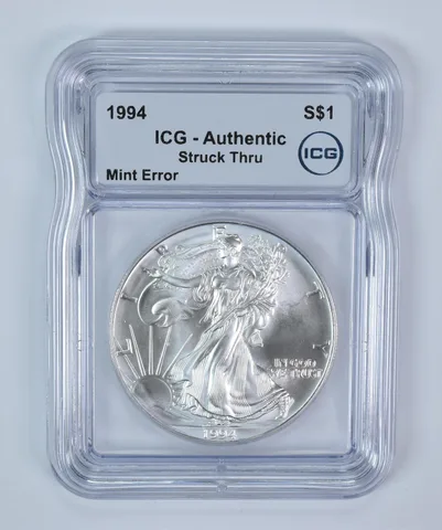 1994 American Silver Eagle Mint Error Struck Thru Authentic ICG