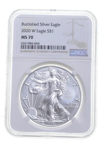 2020-W BURNISHED SILVER EAGLE MS70 NGC CLASSIC BROWN LABEL