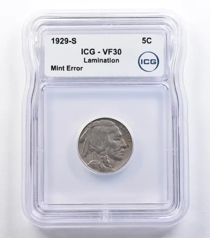 1929-S Indian Head Buffalo Nickel Mint Lamentation Mustache Error VF30 ICG *2217