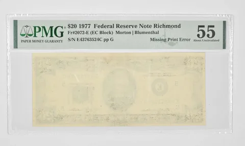 $20 1977 Richmond, VA FRN PMG 55 About UNC Fr# 2072-E Missing Print Error a0911