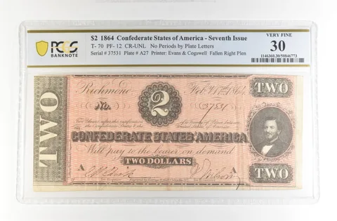 1864 $2 Confederate States America Large Note T-70 PF-12 CR-UNL VF 30 PCGS *4187