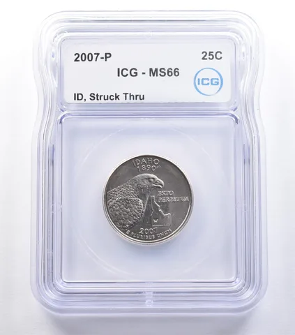 2007-P Washington State Quarter Idaho Mint Error Struck Thru MS66 ICG *9592