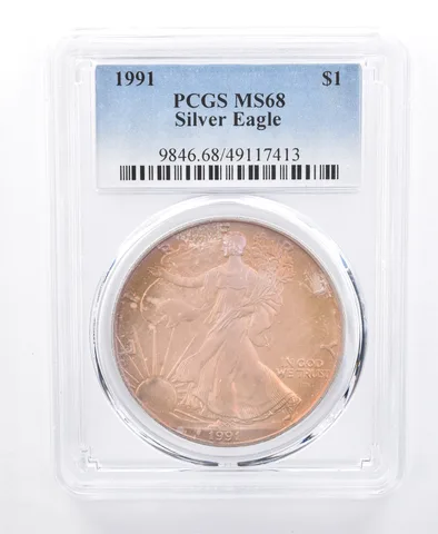 1991 American Silver Eagle MS68 PCGS Purple/Orange Tone *8618