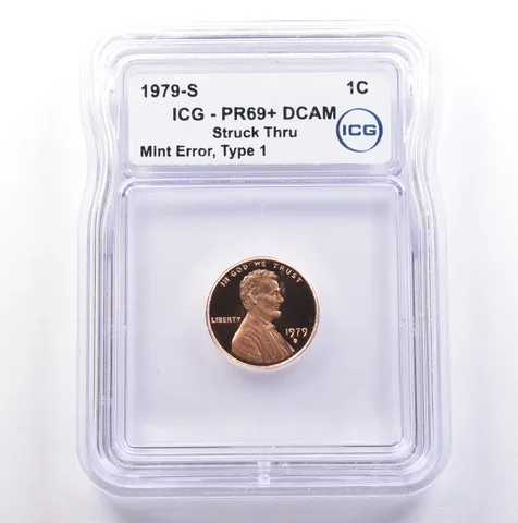 1979-S Lincoln Memorial Cent Type 1 Mint Error Struck Thru PR69+ DCAM ICG *9030