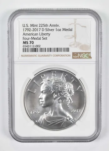 1792-2017-D 1 Oz Silver Medal US Mint 225th Anniversary MS70 NGC Brown Lbl