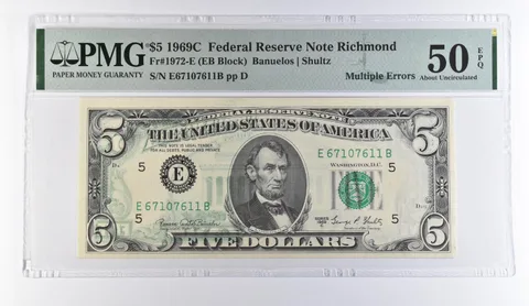 1969 C $5 Richmond VA FRN Multiple Errors Fr#1972-E About Unc 50 EPQ PMG *9450