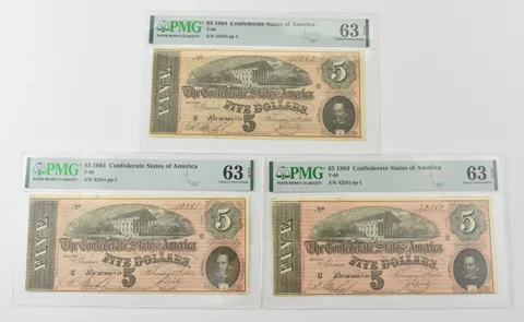 Lot (3) 1864 $5 Confederate States T-69 Choice Unc 63 EPQ PMG Consecutive *9253