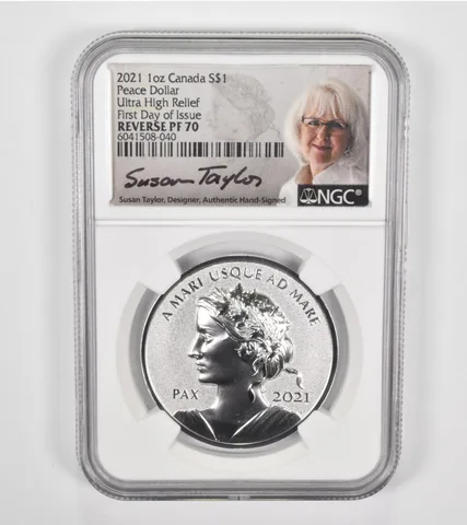 PEV PF70 2021 Canada Silver Dollar Peace Dollar Ultra High Relief FDOI NGC a1398