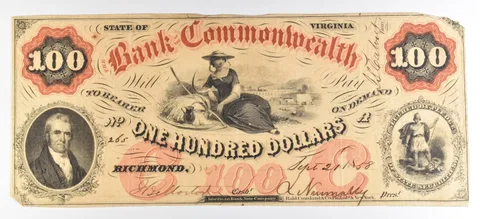 1858 $100 Bank Note Virginia Bank Of The Commonwealth Large Note *5568