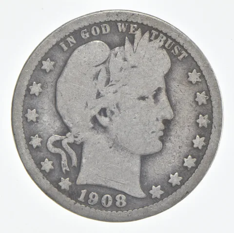 1908 (P) Barber Quarter 90% Silver VG Condition