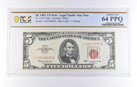 1963 $5 Legal Tender Star Note Fr#1536* Choice Unc 64 PPQ PCGS *8224