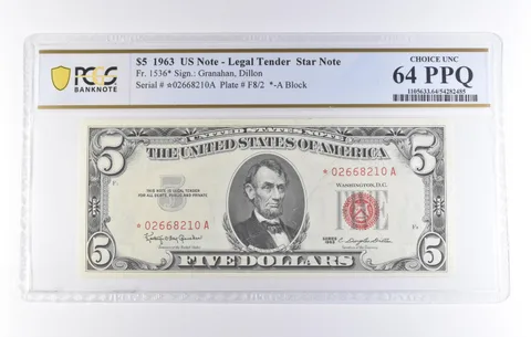 1963 $5 Legal Tender Star Note Fr#1536* Choice Unc 64 PPQ PCGS *8326