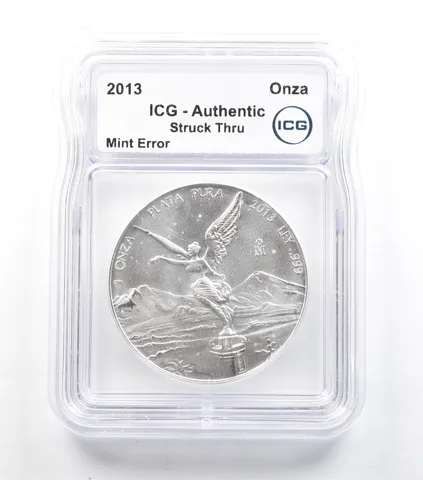 2013 Mo Mexico 1 Onza Silver Libertad Mint Error Struck Thru Authentic ICG *5060