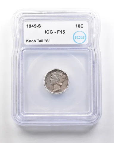 1945-S Mercury Dime Mint Error Knob Tail "S" F15 ICG *1723