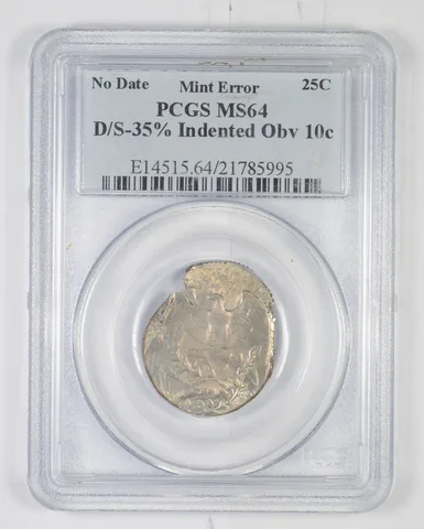 MS64 No Date Mint Error Washington Quarter D/S 35% Indented Obv 10c. PCGS *6323