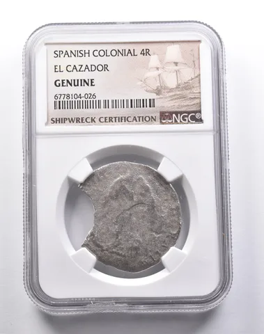 Genuine El Cazador Spanish Colonial 4 Reales NGC Shipwreck Certification *3701