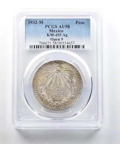 1932 M Mexico Peso Silver Open 9 KM-455 AU58 PCGS a2047