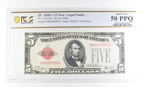 1928 A $5 US Legal Tender Fr#1526 About Unc 50 PPQ PCGS a2414