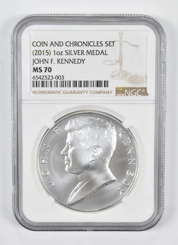 (2015) 1 oz Silver Medal John F Kennedy Coin and Chronicles MS70 NGC