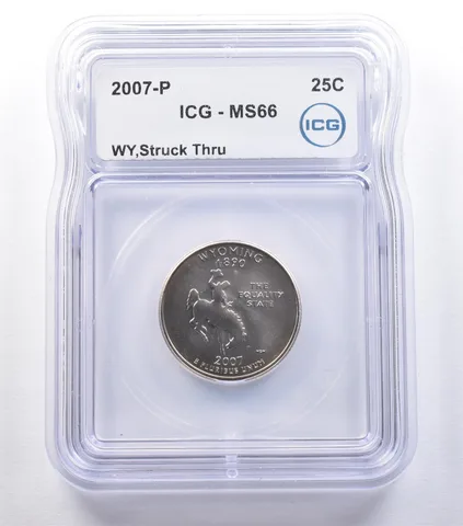 2007-P Washington State Quarter Wyoming Mint Error Struck Thru MS66 ICG *9577
