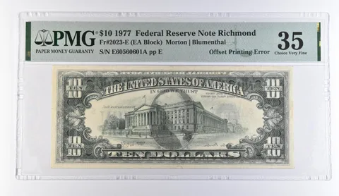 1977 $10 Richmond VA FRN Offset Printing Error Fr#2023-E Choice VF 35 PMG *9436