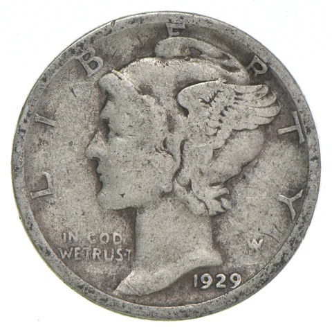 VG+ 1929-S Mercury 90% Silver Dime