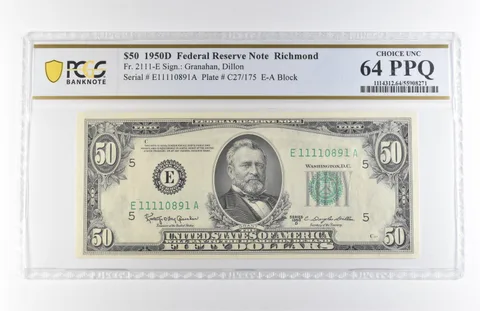 1950 D $50 Richmond VA FRN Fr#2111-E Choice Unc 64 PPQ PCGS *7910