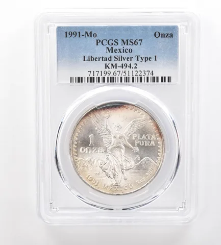 1991 Mo Mexico 1 Onza Silver Libertad T1 KM-494.2 MS67 PCGS Nice Tone a7504