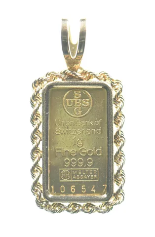 Union Bank Of Switzerland 1g Gold Bar in 14kt Bezel *0752