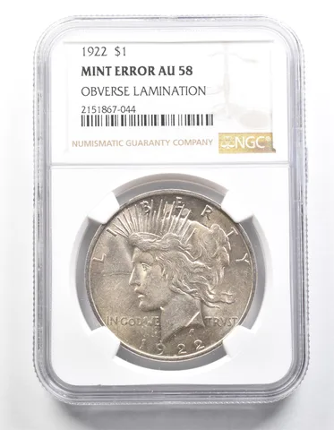 1922 Peace Silver Dollar Mint Error Obverse Lamination AU58 NGC a1312