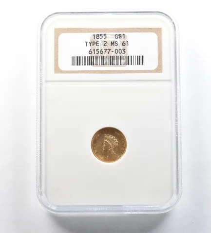 1855 $1 Indian Princess Head Gold Dollar Type 2 MS61 NGC *0607