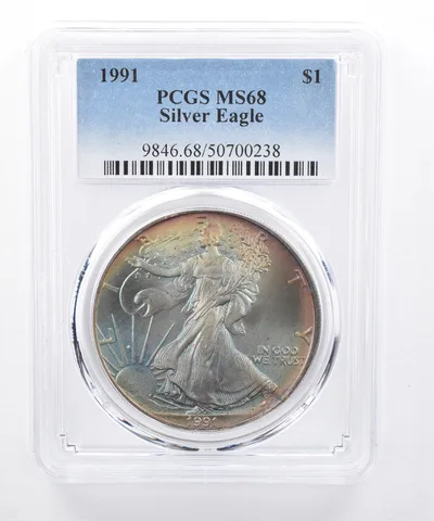 1991 American Silver Eagle MS68 PCGS Rainbow Tone *8472