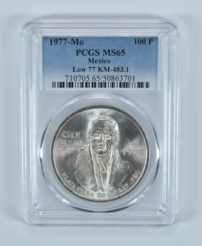1977 Mo Mexico 100 Pesos Silver Low 77 KM#483.1 MS65 PCGS Blue Label