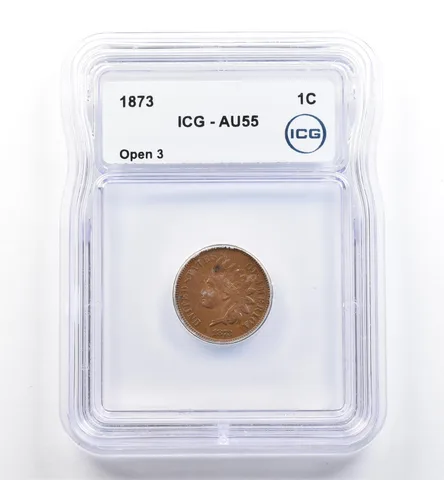 1873 Indian Head Cent Open 3 AU55 ICG *0110