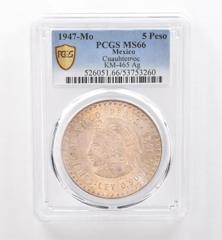 1947 Mo Mexico 5 Peso Silver Cuauhtemoc KM-465 MS66 PCGS Beautiful Tone *9526