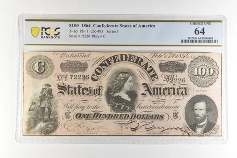 1864 $100 Confederate States America T-65 PF-1 CR-493 Choice Unc 64 PCGS *4457