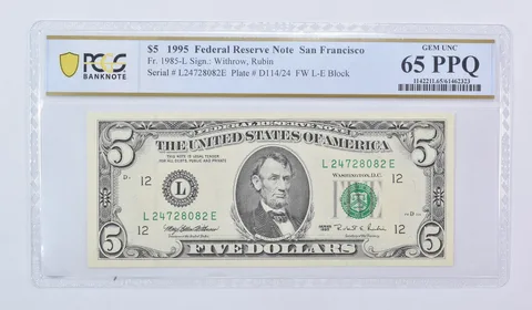 1995 $5 San Francisco CA FRN Fr#1985-L Gem Unc 65 PPQ PCGS
