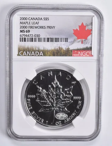 2000 Canada 5 Dollars Silver Fireworks Privy Maple Leaf MS69 NGC Canada