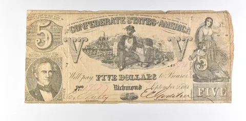 1861 $5 Confederate States Of America T-37 Large Note *8580