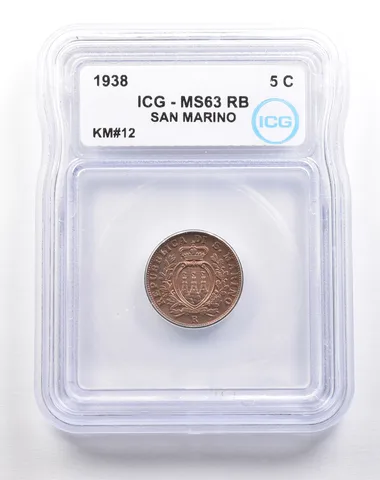 1938 San Marino 5 Centesimi KM#12 MS63 RB ICG *5494